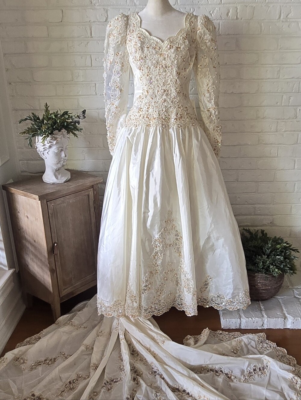 Vtg 80s 90s Beaded Wedding Gown, Ivory, Satin, 4/S